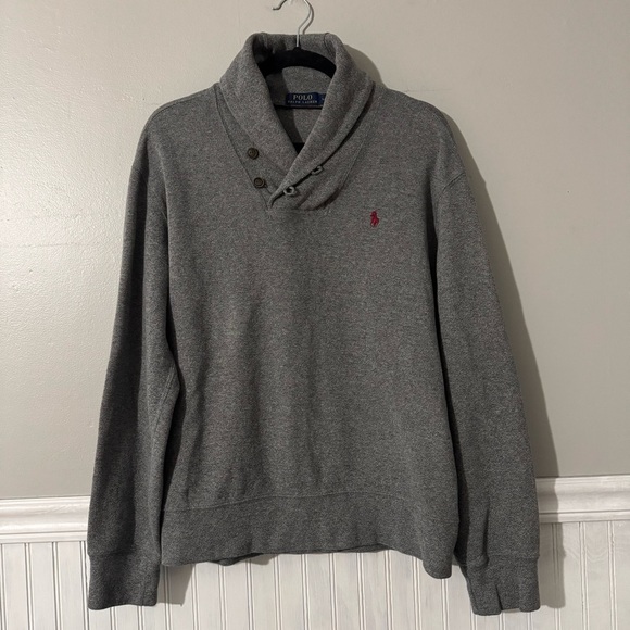 Polo Ralph Lauren Sweater Mens Large Gray Shawl Collar Pullover 100% Cotton - Picture 1 of 5